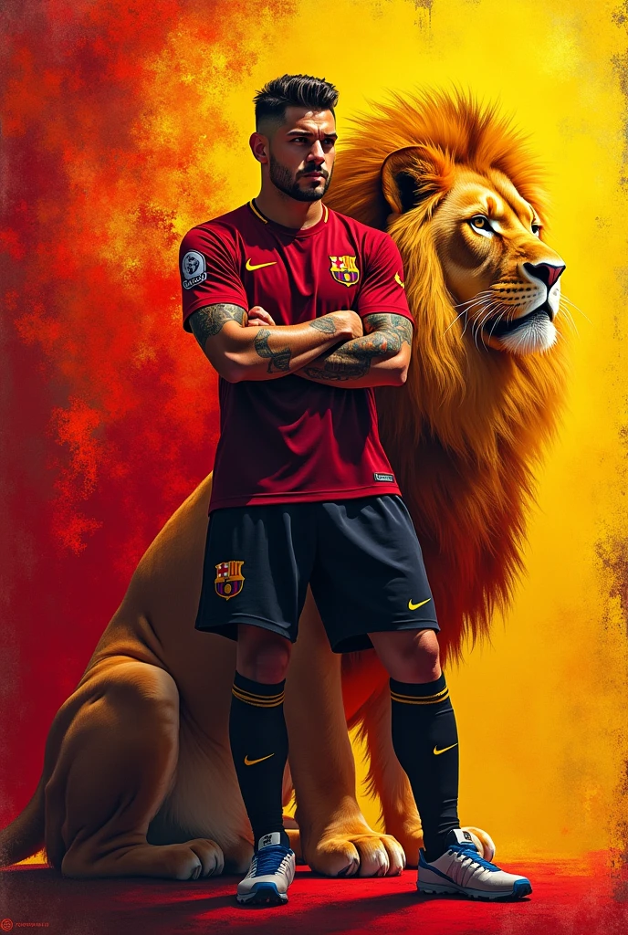 draw a picture that includes mauro icardi and a lion with colours of red and yellow