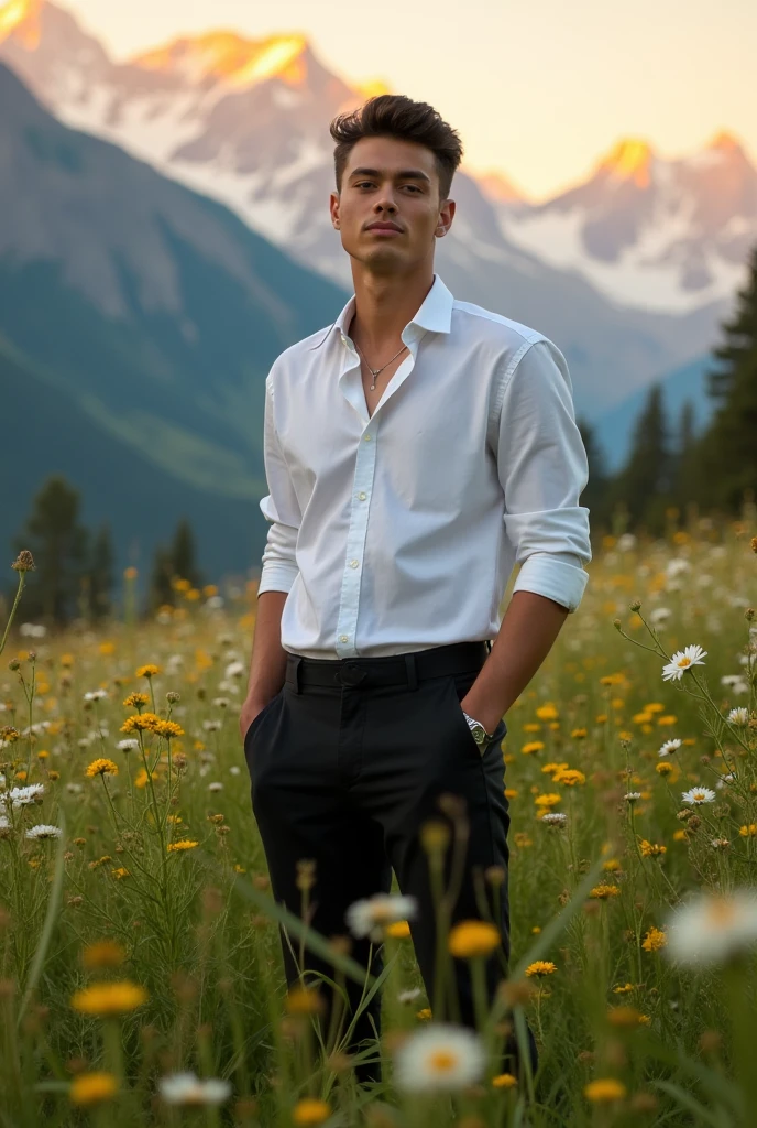 The image features a young man standing in a field with mountains in the background, wearing a white shirt and black pants.