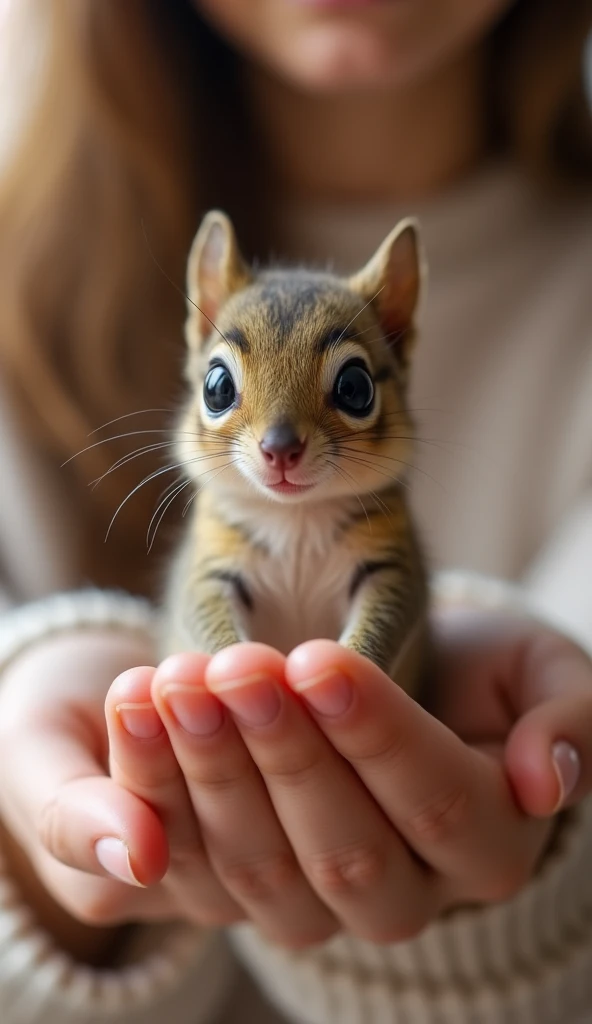 photorrealistic, 64k, tiny  fat [squirell] perched on human perfect woman fingers