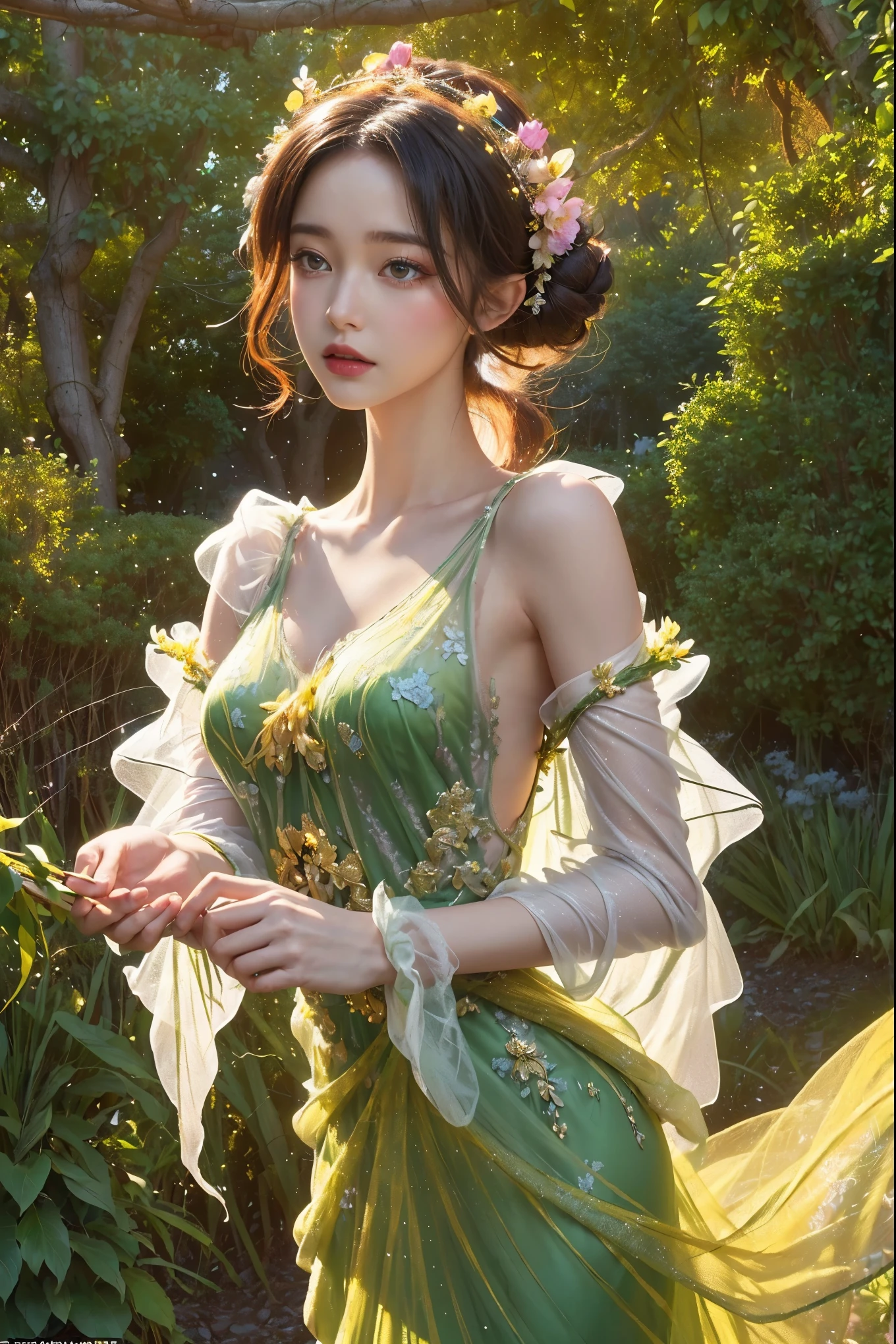 8k, cinematic 3D render, high resolution, very detailed, 1 person, intricate delicate frame, (flowing gossamer gown: 1.5), (delicate crown of intertwined vines and vibrant flowers: 1.3), (lush green and bright yellow wings: 1.2), (mystical trees with otherworldly silhouettes: 1.2), (cinematic dramatic lighting: 1.3), graceful ethereal fairy, dancing, golden autumn leaves, magic and wonder, captivating