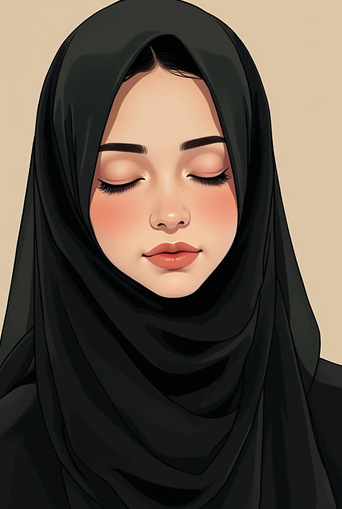 anime manga style, just a face picture, Arabic Woman with black hijab, eyes closed, not smiling, beige and dark background, without makeup