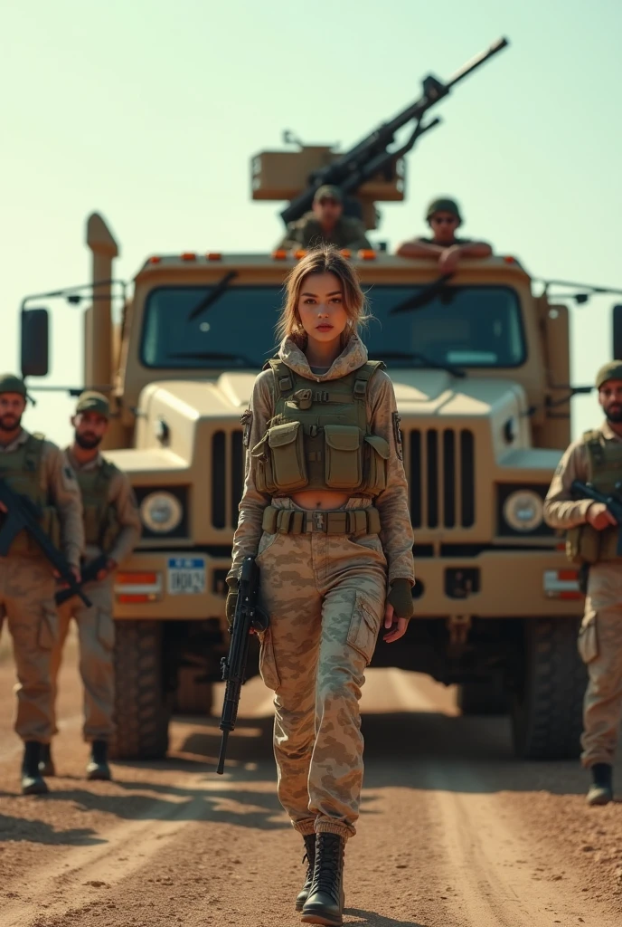 Alafed truck with gun on back, Afghan fighters, French special forces, heavily armed, Taliban, Kurdish soldiers, heavily armored, military vehicle, military weapons, military equipment, truck, camouflage, special forces security, modern military equipment, carrying rifle, gun mounted on shoulder, gun posing in front of truck A female soldier, ((masterpiece, highest quality, Highest image quality, High resolution, photorealistic, Raw photo, 8K)), ((Extremely detailed CG unified 8k wallpaper)), (huge stunning goddess shot, very hot and sexy, jaw-dropping beauty, perfect proportions, beautiful body, slim body beauty:1.4),