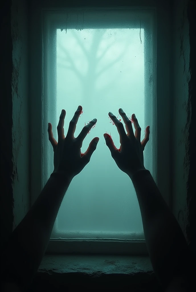 (best quality,4K,8k,High resolution,masterpiece:1.2),Super detailed,sharp focus,(realist,photorealist,photo-realist:1.37),window from inside, There's fog outside, You can see some scary hands,There's blood on the glass,extremely fine details,intricate details, strong light,dramatic lighting,change lights,movie lighting,chiaroscuro lighting,dramatic shadows,Dramatic moments,bright colors,Rich colors,deep contrast,Movie depth of field,Film composition,cinematographic angles