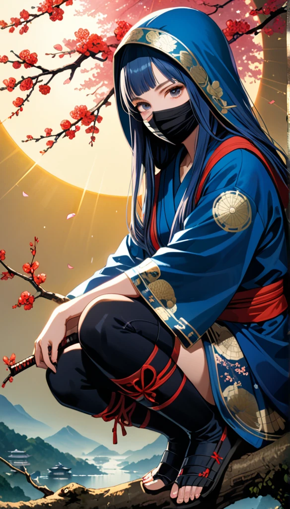 Full body shot:2.0),Masterpiece,Best Quality,Hyper Detailed,Cinematic Light,Intricate Detail,Highres,Official Art,Finely Detailed,High Resolution Illustration,8k,Lens Flare,Dark Intense Shadows,Dorina Costelas(Dorina Costras)The painting depicts a portrait of a young girl,Blue long hair,,Simple background,Japanese Ninja,Put,mouth mask,hood,Eyes exposed,Crouching on a thick branch,,