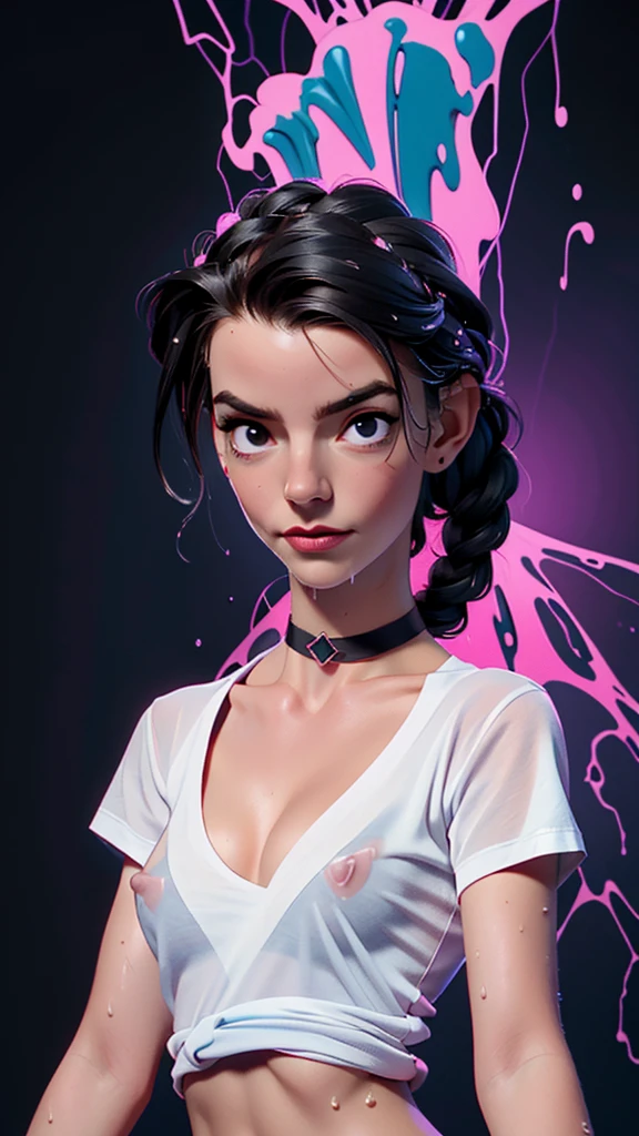 one girl, solo, (open stomach, bare stomach:1.3), slender body, fit body, (upper body, bust:1.2), (black eyes:1.3), black hair, (two cute braids:1.2), masterpiece, highly detailed, look at viewer, front view, (small breasts, tiny breasts, male chest, exposed breasts, deep cleavage:1.5), (transparent white t-shirt, wet t-shirt, choker:1.4), (studio lights, fractal art, bright colors, splashes of color background, colors mashing, paint splatter, complimentary colors, neon, compassionate, thunder, lightnings, electric, limited palette:1.1), expressing joy, (nipples:1.1)