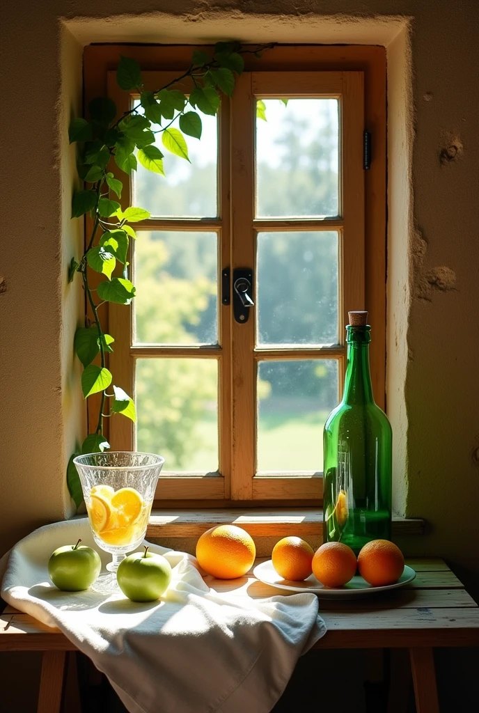 There is a wooden framed window next to the earthen wall.Climb into some vines.Two green apples peek out from the cotton cloth on the wooden table.Green glass bottle with cork.There are lemon slices in the wide mouth glass.Three on the plate.five oranges.The sun shines at noon.Clear, bright and soft light and shadow.Beautifully composed still life style..masterpiece, best quality, Ultra-high resolution, (Extremely detailed), visually stunning, fair, Evocative