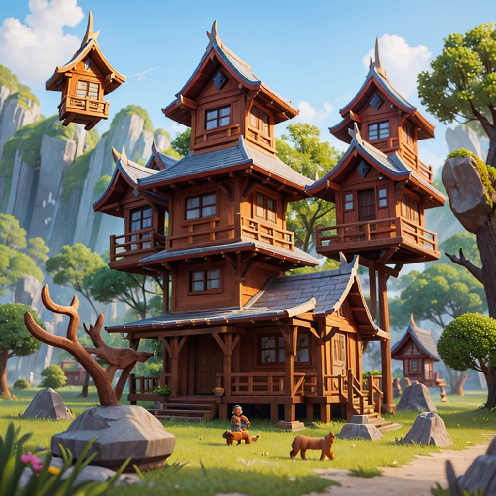 Houses with equal dimensions, RPG style, cartoon, Thai traditional medicine, Fantasy, Mobile Games,Ancient man,Animal bones,rock,wood, Hanging in the air, buzzer