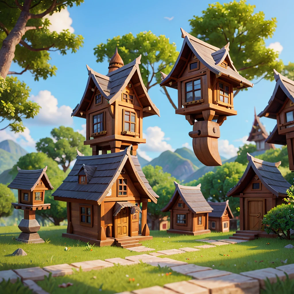 Houses with equal dimensions, RPG style, cartoon, Thai traditional medicine, Fantasy, Mobile Games,Ancient man,Animal bones,rock,wood, Hanging in the air, buzzer