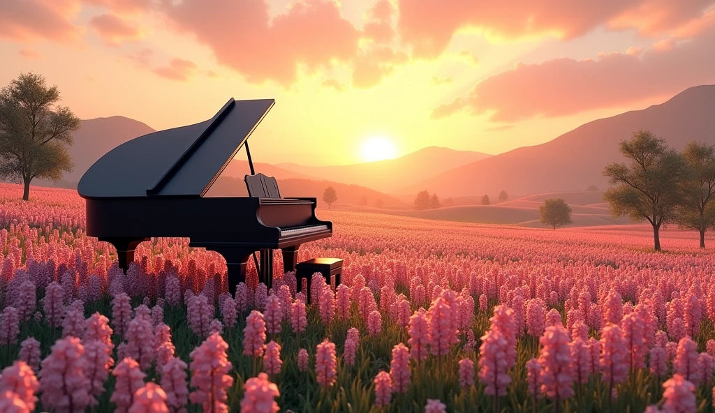  A large black grand piano set in a field of pink and white flowers. The flowers are lush and green, spreading toward the horizon. The sun casts a low, warm golden light over the scene, creating a peaceful, serene atmosphere. The sky is rendered in soft shades of orange, pink, and purple, blending beautifully with the distant mountains and hills. The trees scattered in the distance, some large and solitary, add depth to the scene. The overall mood is serene, capturing the beauty of nature in a soft, detailed, photorealistic style.”

Translated with DeepL.com (free version)