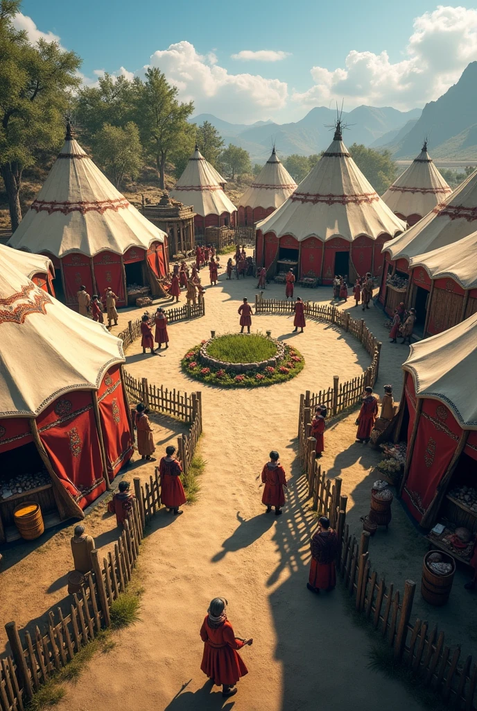 "Generate a highly detailed map of Ertugrul Gazi's 13th-century Turkish camp, as depicted in the 'Diriliş: Ertuğrul' series. The map should include a circular arrangement of large yurts (khemas), each with intricate patterns and surrounded by wooden fences. In the center, depict a bustling market area with various shops selling goods like weapons, textiles, and food items. The market should be lively, with traders and people interacting.
Include a specific area for horses, featuring a well-organized 'horse parking' zone where the horses are tied to posts or resting near water troughs. Surround the camp with essential shops like blacksmiths, leatherworkers, and herbalists, each shop detailed