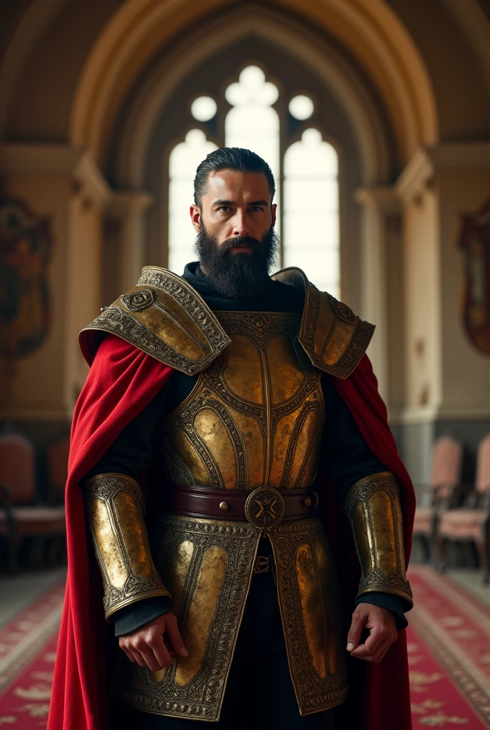 a bearded man in a red and black outfit standing in front of a window with, Andor Basch, renaissance, reddit, rugged male medieval knight, viking and templar aesthetics, medieval wear, medieval garb, brass colored armor coat, intricate details insanely leather medieval clothes, 3D effect, full HD resolution 4K ultra-realistic, ultra detailed, photorealistic digital painting cinematic film light, expressive eyes, 