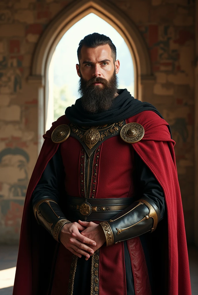 a bearded man in a red and black outfit standing in front of a window with, Andor Basch, renaissance, reddit, rugged male medieval knight, viking and templar aesthetics, medieval wear, medieval garb, brass colored armor coat, intricate details insanely leather medieval clothes, 3D effect, full HD resolution 4K ultra-realistic, ultra detailed, photorealistic digital painting cinematic film light, expressive eyes,