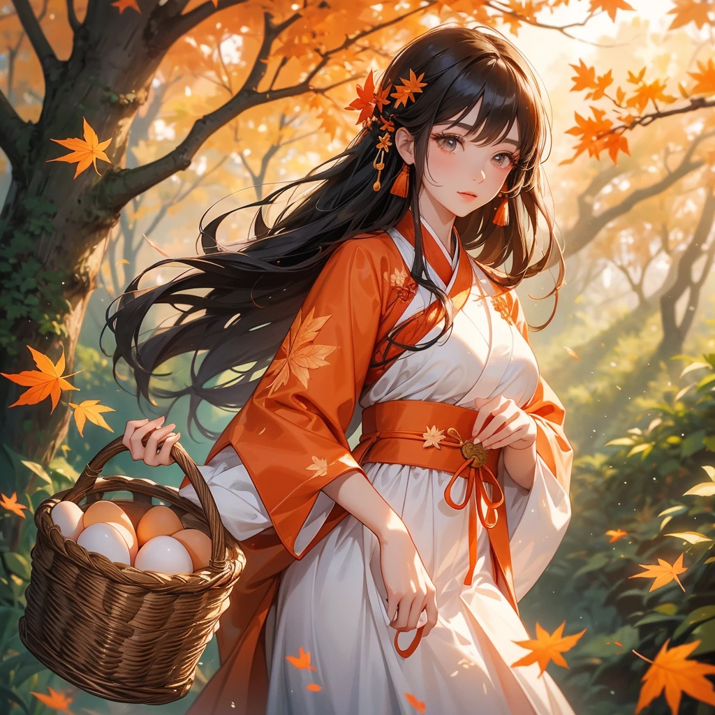 A beautiful female in hanfu dress , Holding a large woven basket, full of eggs and cut meat in the forest,close up

The backdrop is a mountain that turns orange-red in spring, and maple leaves fall from the trees.