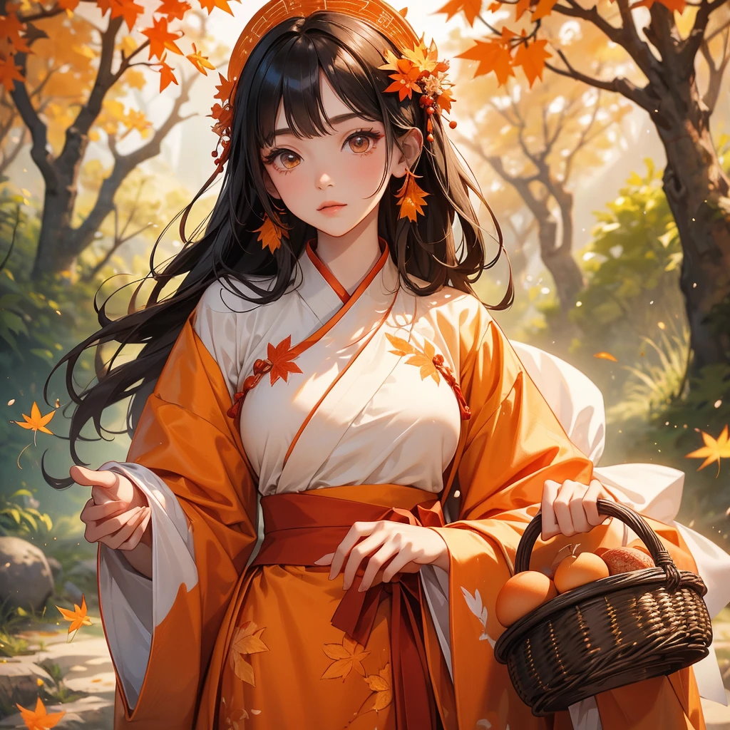A beautiful female in hanfu dress , Holding a large woven basket, full of eggs and cut meat in the forest,close up
The backdrop is a mountain that turns orange-red in spring, and maple leaves fall from the trees.