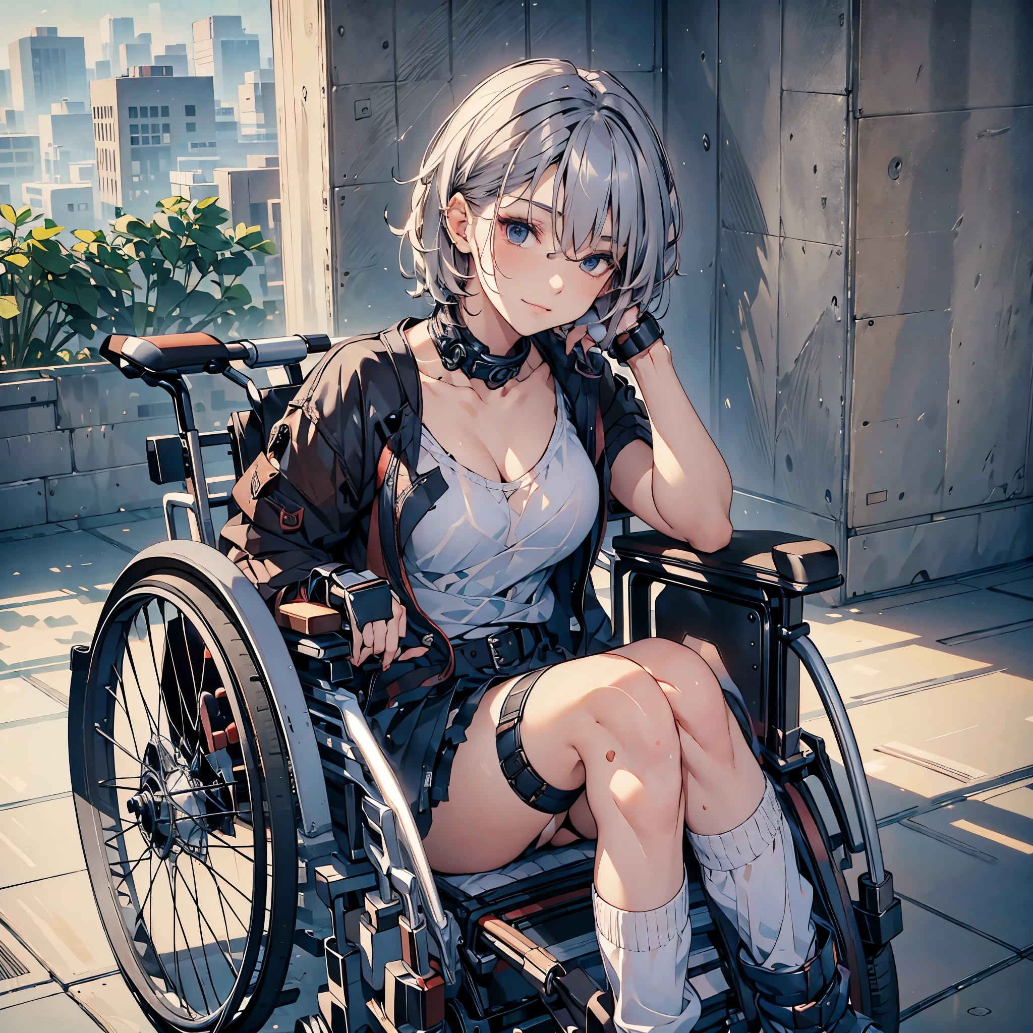 a 24 year old disabled woman in a reclining electric wheelchair, lying down, glaring, hair covering her eyes, heavy makeup, very short hair, silver hair, black camisole,shorts,piercing,loose socks, lace up boots, plastic arm brace, plastic leg brace, knee pad, elbow pad, (best quality,4k,8k,highres,masterpiece:1.2),ultra-detailed,(realistic,photorealistic,photo-realistic:1.37),HDR,UHD,studio lighting,ultra-fine painting,sharp focus,physically-based rendering,extreme detail description,professional,vivid colors,bokeh,portrait