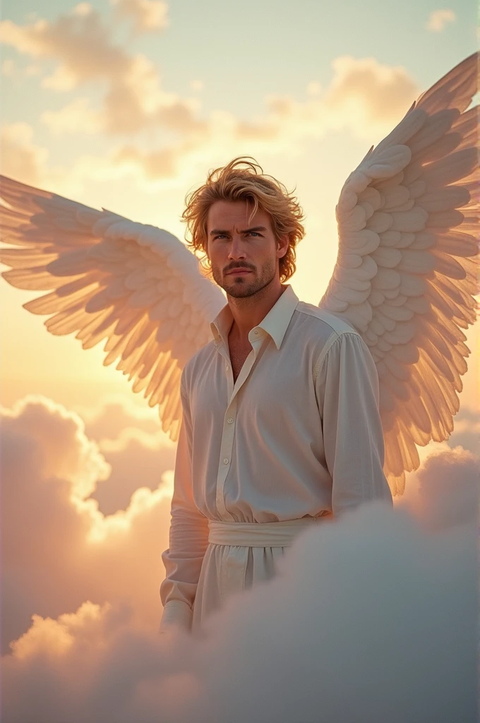 Blonde,White,handsome、Blue eyes that seem to be sucked in,Big winged angel,Looks like a young Tom Cruise,Image,