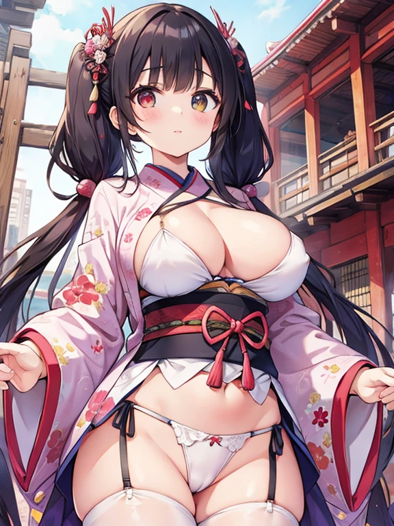 (masterpiece, top quality, super high quality, super high detail, beautiful hair, beautiful eyes, perfect face),
Japanese festival scene, crowded fair, short twintails hair, black hair, very , droopy eyes, heterochromia, pink eye, orange eye, ((very huge breasts)), 145cm tall girl with bandages around her chest and a Japanese kimono patterned jacket over it, very shallow and extremely shallow crotch. She is wearing a white loincloth with a very shallow and very small crotch.