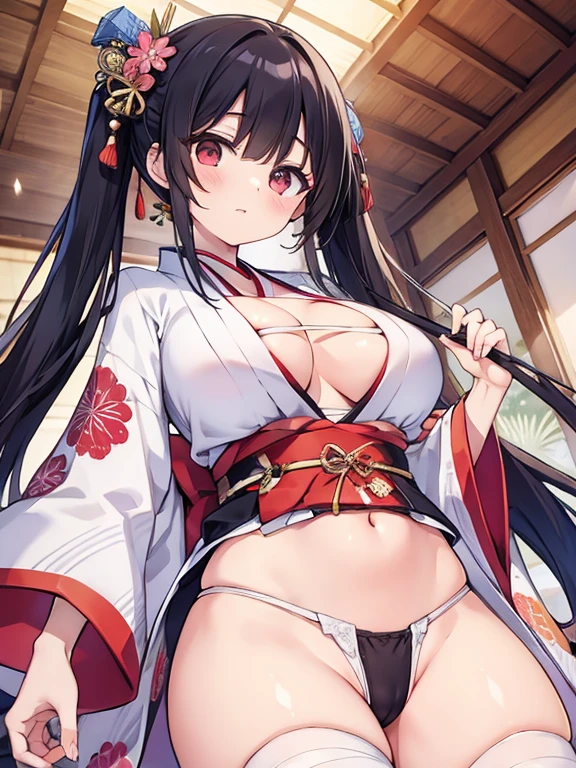 (masterpiece, top quality, super high quality, super high detail, beautiful hair, beautiful eyes, perfect face),
Japanese festival scene, crowded fair, short twintails hair, black hair, very , droopy eyes, heterochromia, pink eye, orange eye, ((very huge breasts)), 145cm tall girl with bandages around her chest and a Japanese kimono patterned jacket over it, very shallow and extremely shallow crotch. She is wearing a white loincloth with a very shallow and very small crotch.