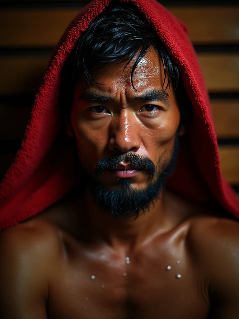 ((Highest quality、8k、masterpiece:1.3))、Japanese men(Upper body portrait、internal_sauna:1.6)、暗いsauna室、42 years old、View your viewers、Sharp focus:1.2、((Red towel wrapped around head))、Grim expression、Highly detailed face、skin、Hair Texture、Sweat、Wet body、Wet Face、Wet Hair、beard、Detailed eyes、Dynamic Angles、Characterized by calm colors and contrasts of light and shadow、