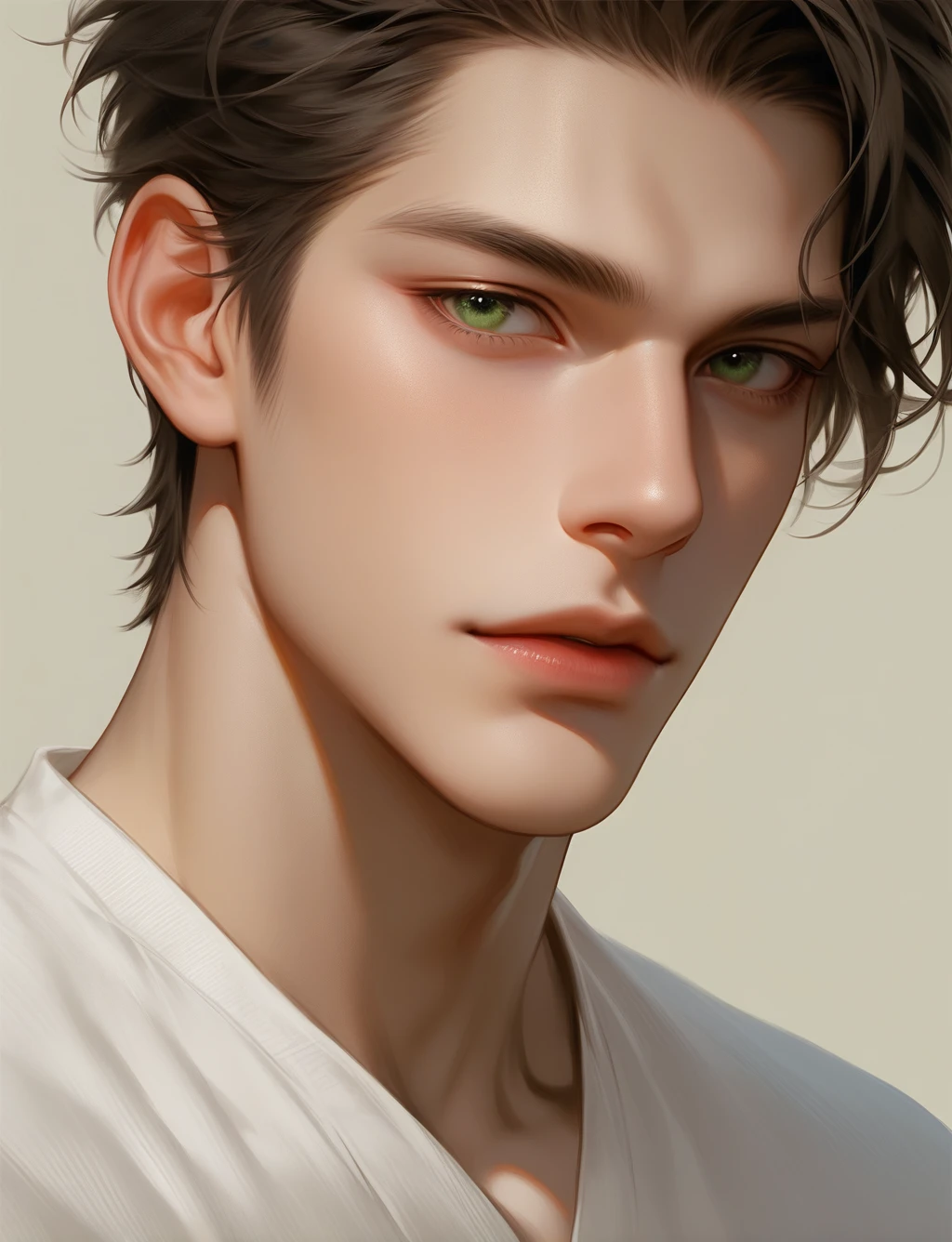 man, black short hair, green eyes, was thick and tall, and had yellowish-white skin, wear a white shirt. Half-Russian-Japanese, muscular, close up, portrait