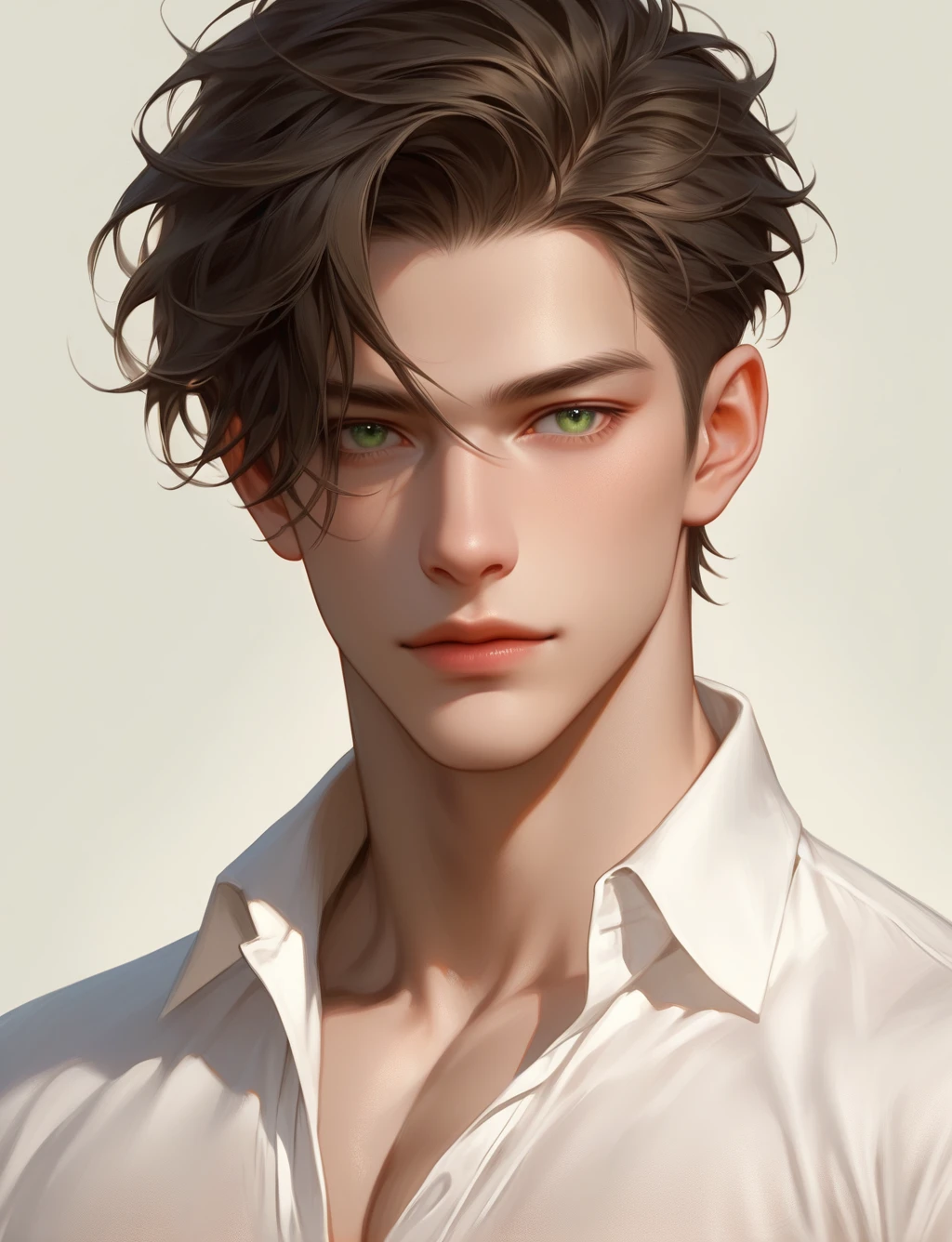 man, black short hair, green eyes, was thick and tall, and had yellowish-white skin, wear a white shirt. Half-Russian-Japanese, muscular, close up, portrait