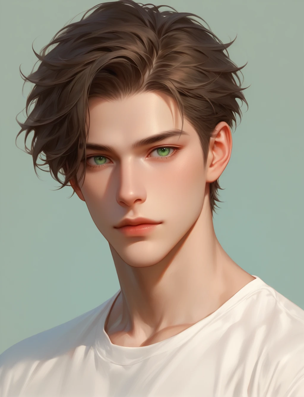 man, black short hair, green eyes, was thick and tall, and had yellowish-white skin, wear a white shirt. Half-Russian-Japanese, muscular, close up, portrait