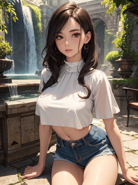 Best Quality, ultra high resolution, 32k, hyper realistic, ultra-detailed, Very detailed CG 8k wallpaper, detailed background, landscape, Beautiful Lighting, Perfect Lightning, Realistic Shadows, perfect anatomy, anatomically correct, ideal ratio body proportions, perfect figure, Perfect Style, Perfect balance, super Detailed skin, in her 30s, very Slim body, narrow waist, very small head, very small face, delicate facial features, handsome detailed woman, very detailed eyes and face, realistic face proportions, Realistic beautiful face, Realistic beautiful eyes, tearful mole, earring, full body shot, very huge round , medium hair, asymmetrical hair, wavy hair, indoor, blouse, crop top, shorts,