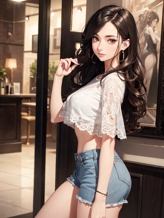 Best Quality, ultra high resolution, 32k, hyper realistic, ultra-detailed, Very detailed CG 8k wallpaper, detailed background, landscape, Beautiful Lighting, Perfect Lightning, Realistic Shadows, perfect anatomy, anatomically correct, ideal ratio body proportions, perfect figure, Perfect Style, Perfect balance, super Detailed skin, in her 30s, very Slim body, narrow waist, very small head, very small face, delicate facial features, handsome detailed woman, very detailed eyes and face, realistic face proportions, Realistic beautiful face, Realistic beautiful eyes, tearful mole, earring, full body shot, very huge round , medium hair, asymmetrical hair, wavy hair, indoor, blouse, crop top, shorts,