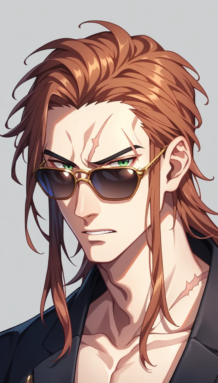 Anime Style, Yakuza, Japan Mafia, Scars on the face, Quietly angry, wild, Middle-aged man, Reddish brown hair, Green Eyes, Sharp Eyes, Medium Long Hair, Calm. wise, Staggered sunglasses, Black ceremonial clothing, Background of the Ascending Dragon, Worldview of the Underworld, Surrealism, Expressionism, Anime Style, Cast a Shadow, Film Grain, Vignetting, silhouette, 1080P, Anatomically correct