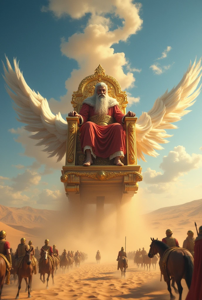 Prophet Solomon on the flying throne, driven by strong winds across the desert, with the troops and animals around him also carried by the wind he controls.