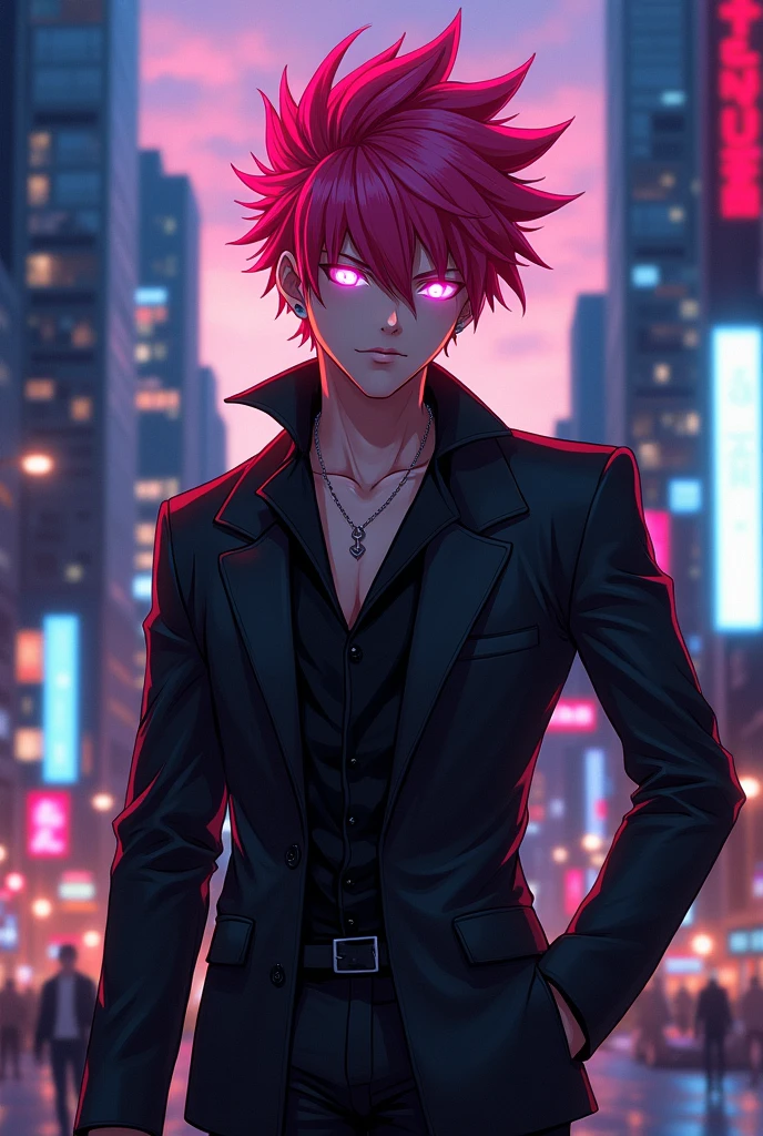 Man with pink and red hair and black clothes, handsome face, White eyes, Very detailed young anime, 4k comic wallpaper, Anime Boy, Detailed anime character art.