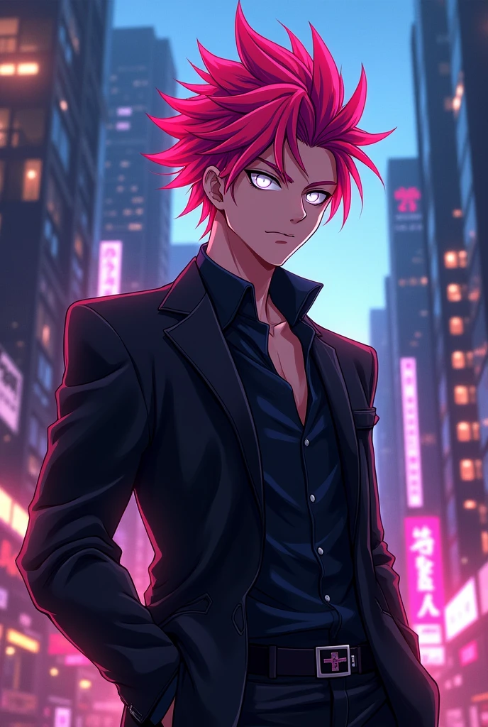 Man with pink and red hair and black clothes, handsome face, White eyes, Very detailed young anime, 4k comic wallpaper, Anime Boy, Detailed anime character art.