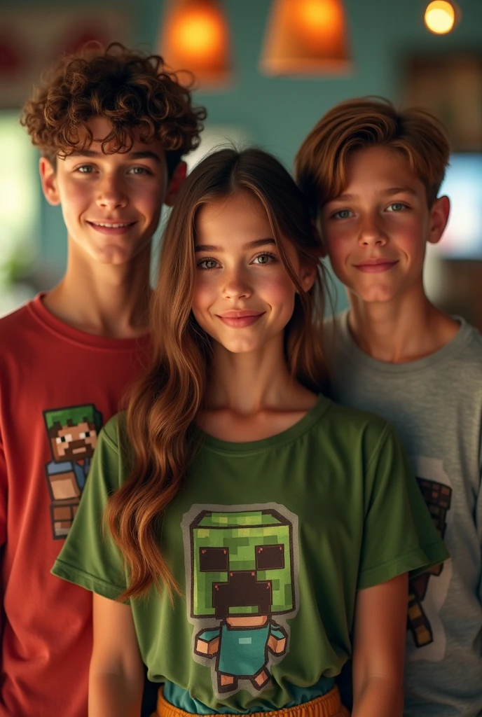 a beautiful sexy girl, 2 handsome boys, minecraft t-shirt dresses, looking at the viewer, 3 friends, hyper realistic, 8k, photorealistic, extremely detailed, highly detailed faces, intricate details, studio lighting, realistic skin textures, vivid colors, dramatic lighting, cinematic composition, warm color palette