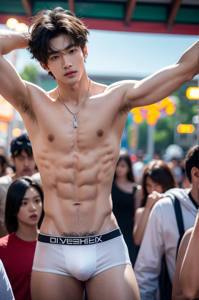 Crowded amusement park, amusement park light, crowded people, Very dirty Stain in his thong, Shaved armpits, Very detailed finger, don't merge body, Very young boy, ager boy, (photorealistic, masterpiece, best quality), white pale skin, muscular man, hunk, charming, attractive, wearing necklace in his neck, completely naked , Realistic, fully naked, nude, perfect , male , modeling for a photoshoot, editorial style, handsome man, detailed face, Very crowded classroom, Topless, shirtless, boy, very young boy, Cinematic soft lighting illuminates a stunningly detailed and ultra-realistic handsome korean male supermodel, ultra messy long curly hair, clear honey eyes, captivating perfect smile, sensual, hot man, insanely handsome, showing off his sweaty body, very sixpack muscular body build, slender, toned, full body, 8k, photography, masterpiece, detailed face, detailed eyes, detailed hands, in the crowded festival showing off his shaved armpits, only wearing very thin micro thong with big hard bulge, very wet body, very sweaty body, amusement park background, amusement park scenery, wearing thin thong