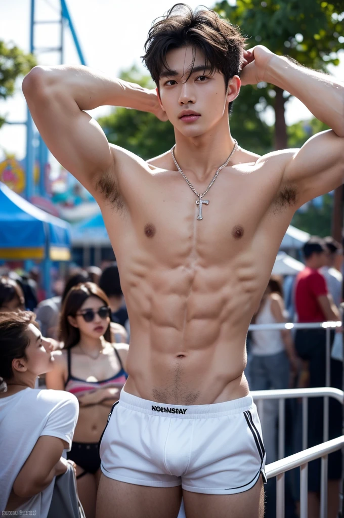 Crowded amusement park, amusement park light, crowded people, Very dirty Stain in his thong, Shaved armpits, Very detailed finger, don't merge body, Very young boy, ager boy, (photorealistic, masterpiece, best quality), white pale skin, muscular man, hunk, charming, attractive, wearing necklace in his neck, completely naked , Realistic, fully naked, nude, perfect , male , modeling for a photoshoot, editorial style, handsome man, detailed face, Very crowded classroom, Topless, shirtless, boy, very young boy, Cinematic soft lighting illuminates a stunningly detailed and ultra-realistic handsome korean male supermodel, ultra messy long curly hair, clear honey eyes, captivating perfect smile, sensual, hot man, insanely handsome, showing off his sweaty body, very sixpack muscular body build, slender, toned, full body, 8k, photography, masterpiece, detailed face, detailed eyes, detailed hands, in the crowded festival showing off his shaved armpits, only wearing very thin micro thong with big hard bulge, very wet body, very sweaty body, amusement park background, amusement park scenery, wearing thin thong
