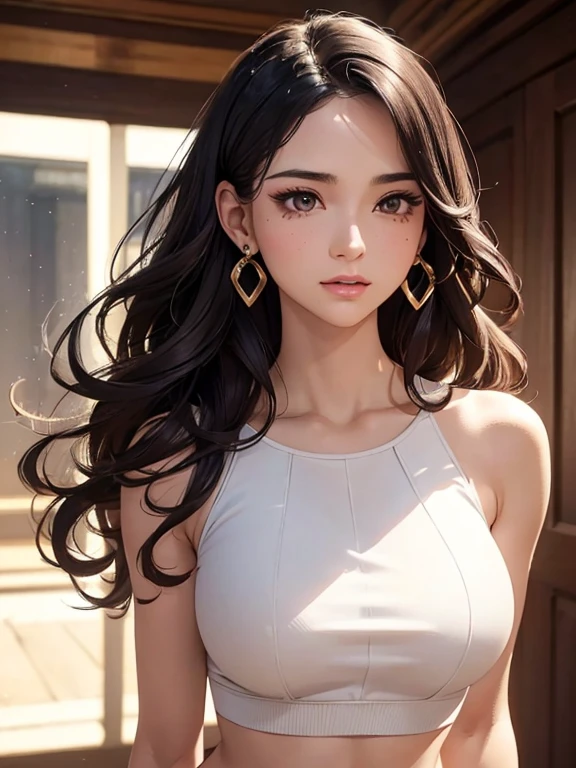 Best Quality, ultra high resolution, 32k, hyper realistic, ultra-detailed, Very detailed CG 8k wallpaper, detailed background, landscape, Beautiful Lighting, Perfect Lightning, Realistic Shadows, perfect anatomy, anatomically correct, ideal ratio body proportions, perfect figure, Perfect Style, Perfect balance, super Detailed skin, in her 30s, very Slim body, narrow waist, very small head, very small face, delicate facial features, handsome detailed woman, very detailed eyes and face, realistic face proportions, Realistic beautiful face, Realistic beautiful eyes, tearful mole, earring, full body shot, very huge round , medium hair, asymmetrical hair, wavy hair, indoor, blouse, crop top, shorts,
