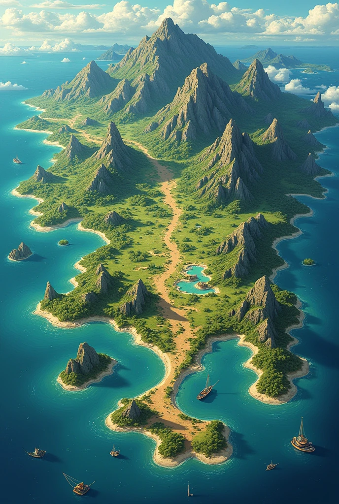 The continent has fish-like shape is divided into five,halo, game map, Hyrule, Ancient Fantasy Regional Map, Highly detailed map,Detailed Map, Height Map,world map、Isekai Map、Map of the Kingdom、Otherworldly Adventure、mountains and rivers、K HD、meticulous、Ground View、Spread up,pixel art