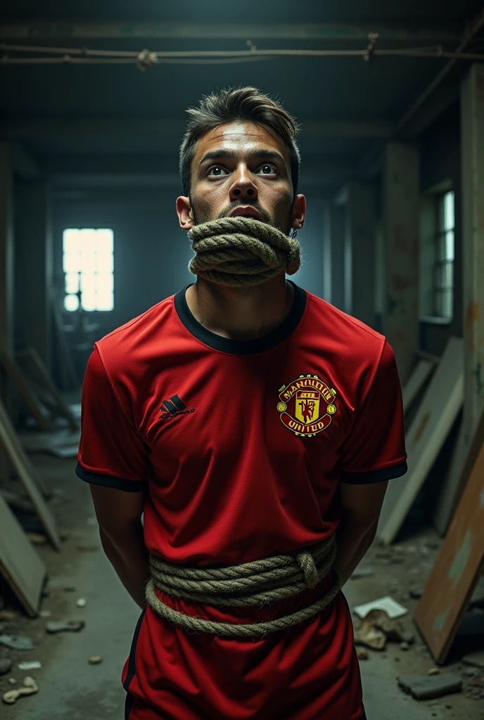 The man wearing a soccer jersey was kidnapped, his hands tied behind his back and his mouth gagged with duct tape.
