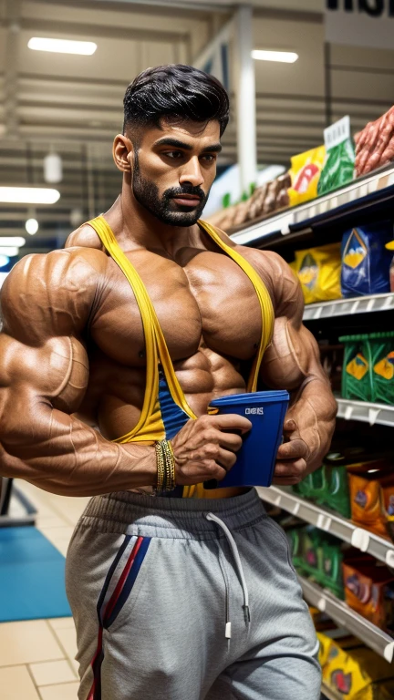 Handsome tall masuculine bodybuilder 30 years old INDIAN GURJAR doing shopping in supermarket weared Gym outfit shaker tumblr in hand, wrist indian band