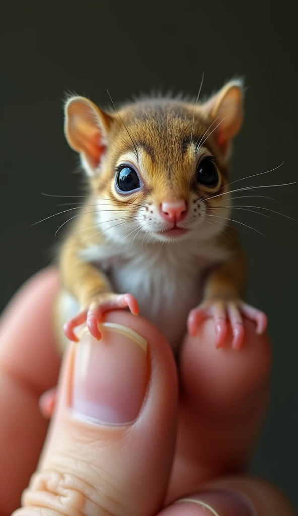 photorrealistic, 64k, tiny baby fat [squirell] perched on human female perfect fingers