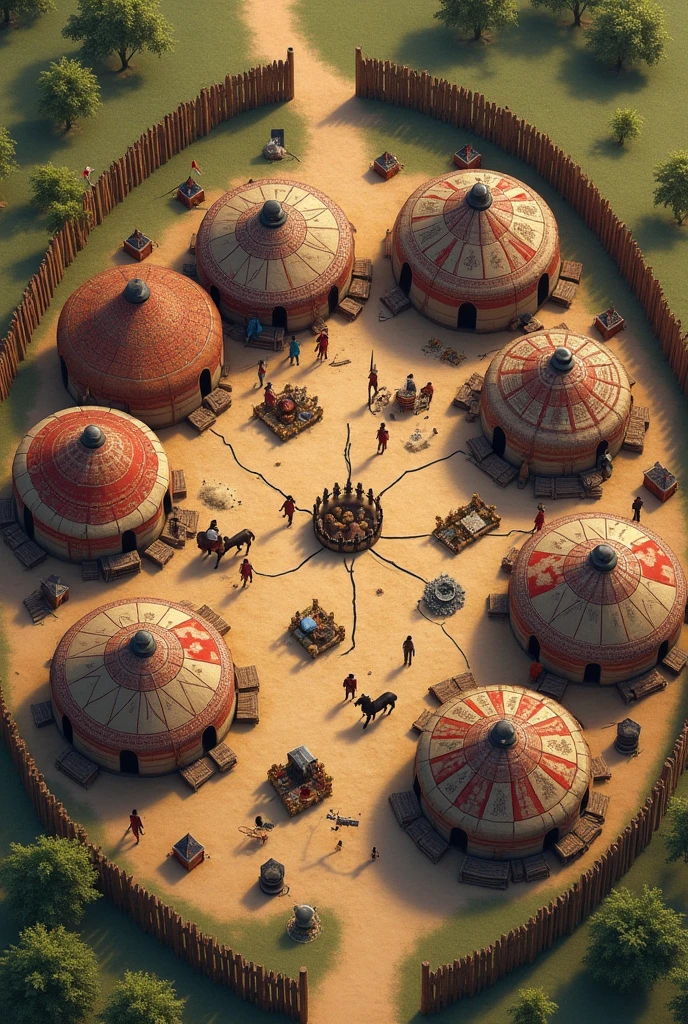 "Generate a highly detailed map of Ertugrul Gazi's 13th-century Turkish camp, as depicted in the 'Diriliş: Ertuğrul' series. The map should include a circular arrangement of large yurts (khemas), each with intricate patterns and surrounded by wooden fences. In the center, depict a bustling market area with various shops selling goods like weapons, textiles, and food items. The market should be lively, with traders and people interacting.
Include a specific area for horses, featuring a well-organized 'horse parking' zone where the horses are tied to posts or resting near water troughs. Surround the camp with essential shops like blacksmiths, leatherworkers, and herbalists, each shop detailed