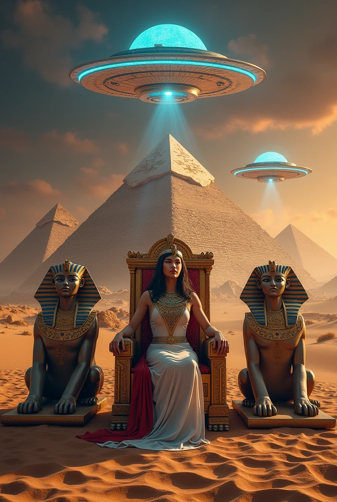 The Egyptians and aliens built the pyramids with advanced technology. The flying saucers shined down on the pyramids. The Pharaoh and Cleopatra sat on the thrones, with two Sophins sitting guarding them in the desert.