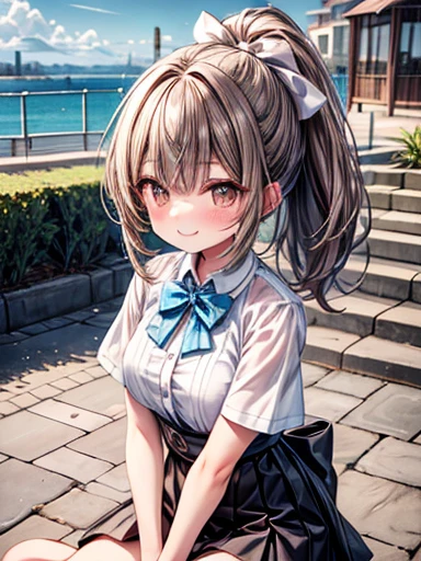 masterpiece, Very detailed, High resolution, Spring onion style, , ponytail, Brown Hair, White short sleeve shirt, Light blue bow tie, Midbust, Narrow waist, Diamond Eyes, Checked mini skirt, Crouching posture, Smiling happily with mouth closed, Glossy, plump lips, Pink Lips, Shiny Hair, looking at the camera, Blushing and embarrassed, Park with stone steps and ocean view in the background, A view of the port town, Long Bangs, Brown eyes