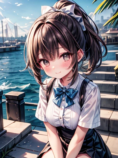 masterpiece, Very detailed, High resolution, Spring onion style, , ponytail, Brown Hair, White short sleeve shirt, Light blue bow tie, Midbust, Narrow waist, Diamond Eyes, Checked mini skirt, Crouching posture, Smiling happily with mouth closed, Glossy, plump lips, Pink Lips, Shiny Hair, looking at the camera, Blushing and embarrassed, Park with stone steps and ocean view in the background, A view of the port town, Long Bangs, Brown eyes