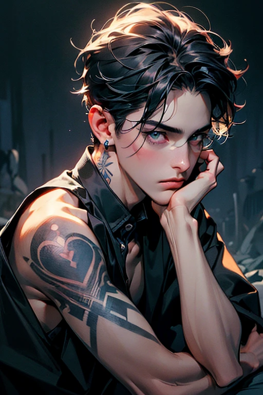 (((8k, RAW photos, Best quality, tmasterpiece: 1.4))), Ultra-high resolution, ultra - detailed, lamplight, Close-up cleavage, Handsome men, gold eyes, (Detailed eyes, The eyes are bright:1.2), Medium long black hair, pale-skinned, ear piercings, medium skin, dark blue coat, Meticulous clothes, gold accessories on clothes, dark blue ties (perfect anatomia:1.2), Highqualityshadow, natural lightting, (White highlights:1.2), natta, overcast day, (arm tattoos:1.2), (starrysky:1.2)