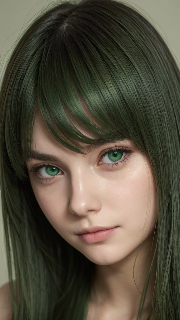 a girl. European. Extremely detailed face. Oval face. Delicate facial features. Half-closed eyes. Long straight hair. Messy hair. Bangs. Green hair. Green eyes. Lustful expression. sad mood. slight smile