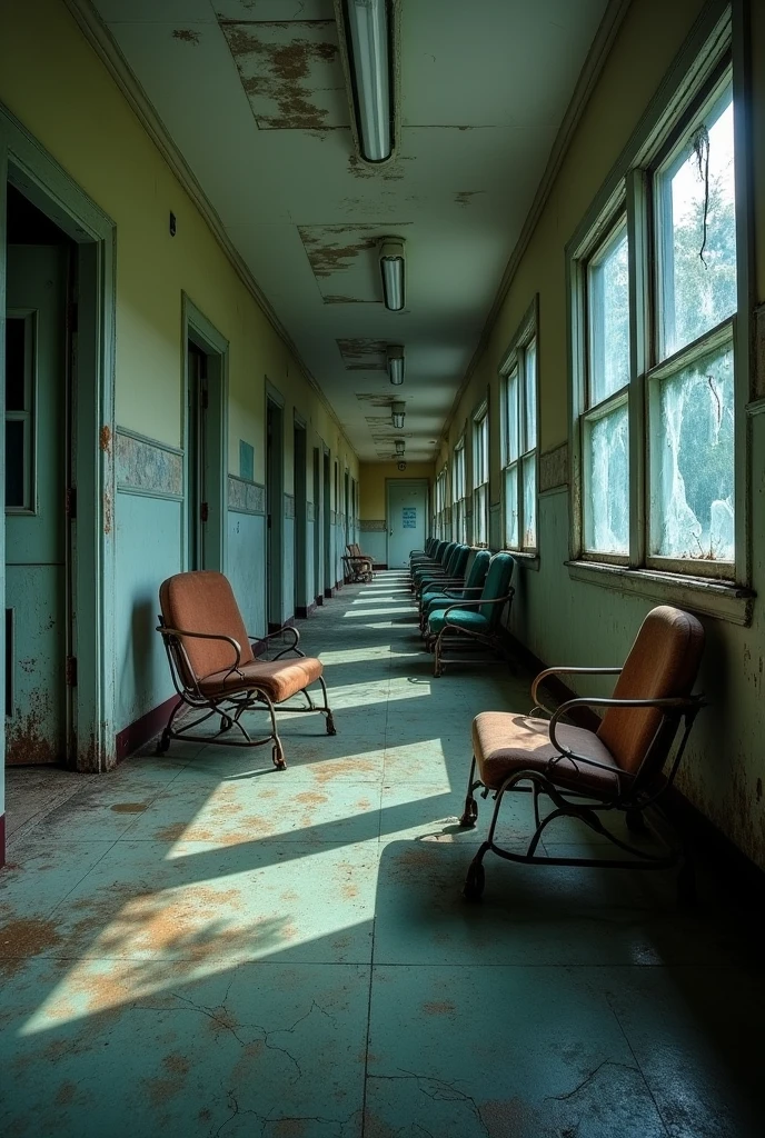 Old metal chairs turned upside down at night in abandoned hospital