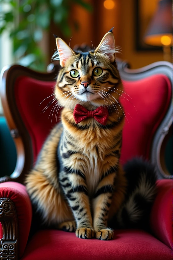 He’s a distinguished-looking tabby with a regal air about him. He’s wearing a tiny, playful bowtie, and he’s perched on a high, comfy chair, surveying the scene with a mixture of curiosity and authority. His tail flicks with anticipation.