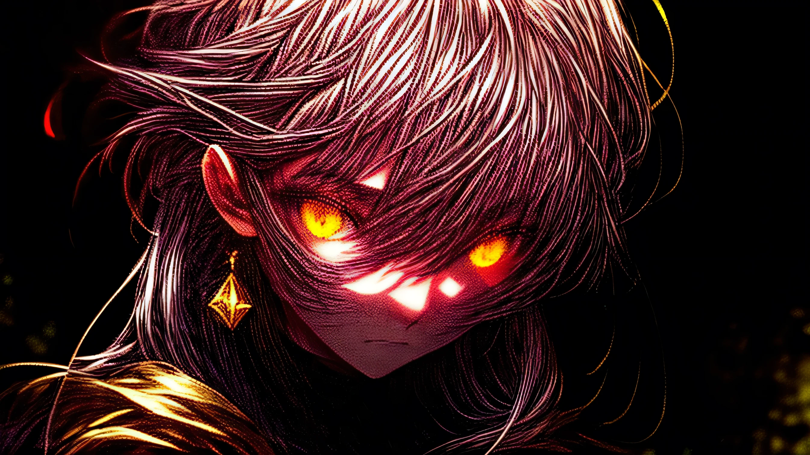 Looking to the side, One person, cute, Surrounded by yellow lights, Golden Eyes, Gray Hair, Black background, close, No smiles, masterpiece, Super detailed