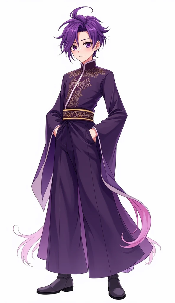 Character Design,whole body镜头,Pure white background,Purple Hair, aldult, aldult face, boy, purple, Chinese dress, Hammerhead, whole body, front, Anime style